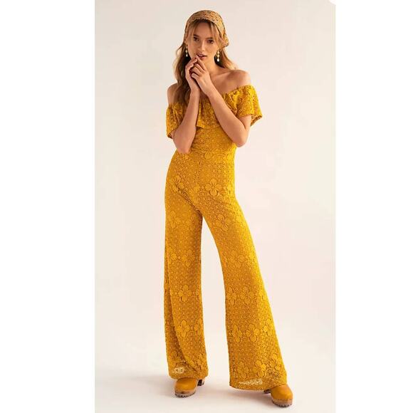 Free People Pants - New Free People NIGHTCAP Sunflower Positano Jumpsuit $495 X-SMALL Mustard
